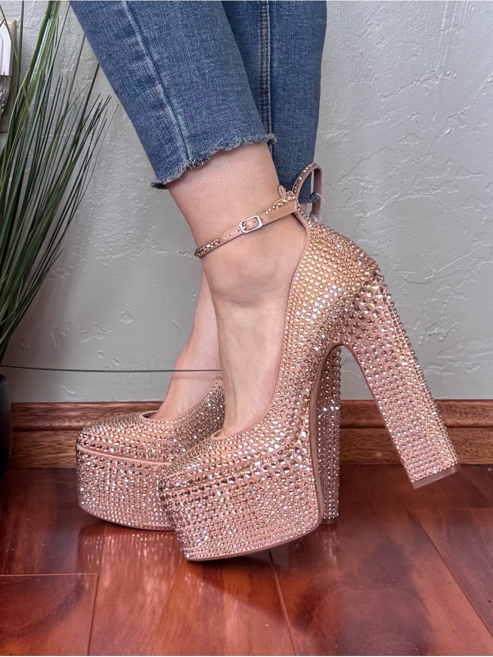 Steve Madden Skyrise Rose Gold Rhinestone Crystal Platform Ankle-Strap Heels